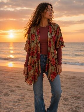 Vtg 90’s Gold Coast Gray Burgundy Textured Knit Cardigan Kimino OS